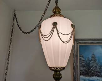 Vintage Hollywood Regency Large Brass Frosted Globe Draped Chain Swag Lamp.