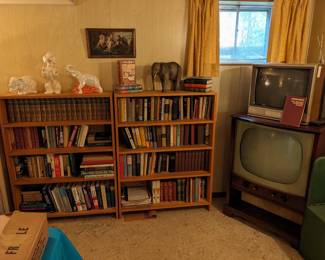 Vintage books, figurines, televisions.
