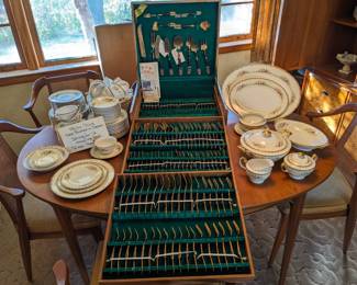 Meito China hand painted in Japan and Siam Buddha Brass & Rosewood flatware.