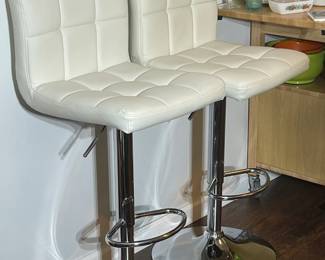 Pair White Leather Tufted Swivel Bar Stools