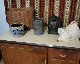 Vintage bakers cabinet and jugs.