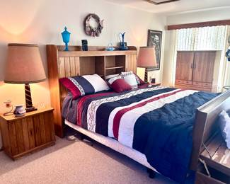 King sized bed with wood shelving headboard: Electric adjustable bed with mattress