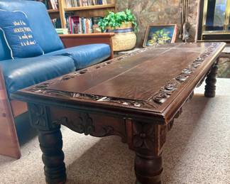 vintage dark wood carved long coffee table