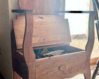 Vintage wood hat rack and chair with storage drawer