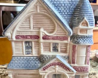 Vintage blue and white victorian house cookie jar