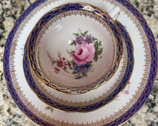 Blue and gold rimmed floral china