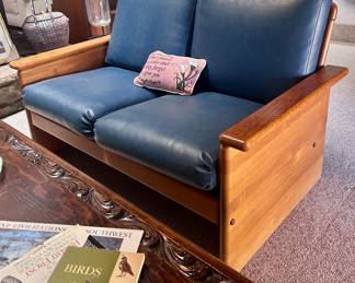 Blue leather lounge sofas (2)