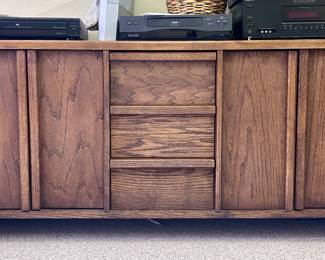 Wood console table with storage drawers and cabinets