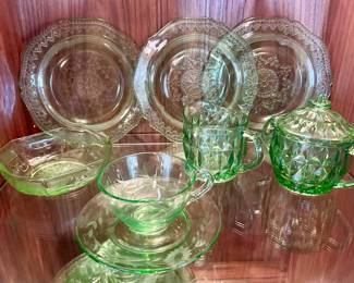 Set of green depression glass