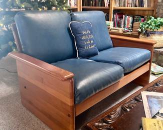 Blue leather lounge sofas (2)