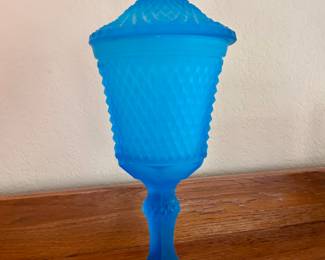 Vintage diamond point frosted satin blue glass apothecary candy jar