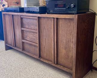 Wood console table with storage drawers and cabinets