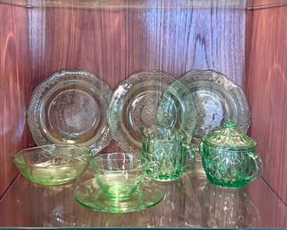 Set of green depression glass