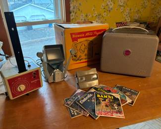 Kodak 8mm Projector (Light Works) - Vintage film splicer - Reading Metor - View Master and Slides -