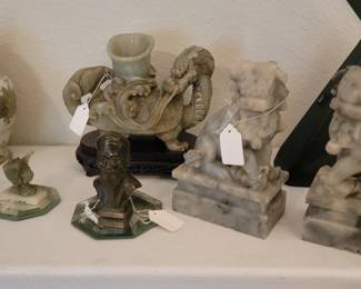 Jade Carving of Dragon on Rosewood Base Chinese Style Male Bust, Pr. of Carved Foo Dogs