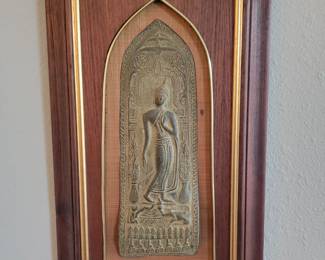 Antique Sukhothai Style Thai Buddhist Plaque Cast in relief form a metal alloy of tin and lead with iron like surface depicting a relief of a walking Buddha