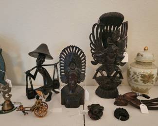 Sm. Brass Dragon Bell, Balinese Man with Water Buckets. Balinese Goodness Deri Sri , Balinese Weeping Man Balinese Carving Teak Wood Hand 