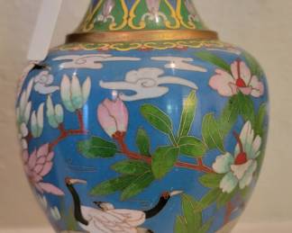 Chinese Cloisonne  Brass Vase Cherry Blossoms  with Herons 8"