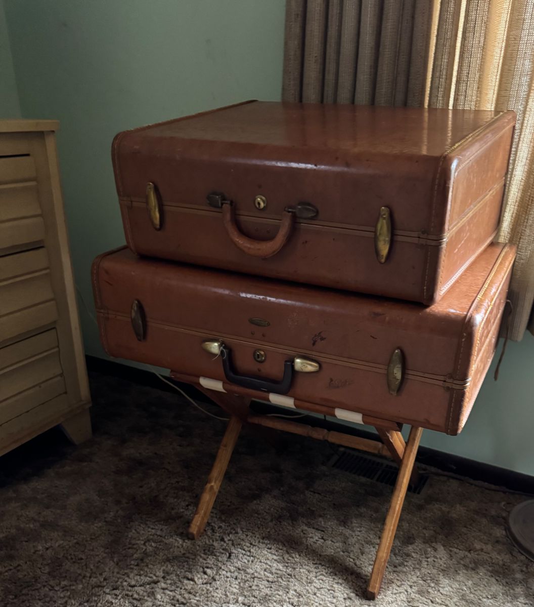 Vintage suitcases and THE most sought after item at all of our sales- the folding luggage stand!