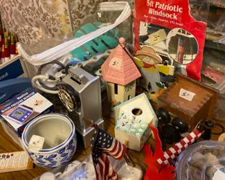 Windsock, bird houses, various other glass & items