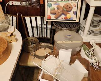 Kitchen - vintage chair to dining set, salad spinner, strainers, plastic items , small appliances 