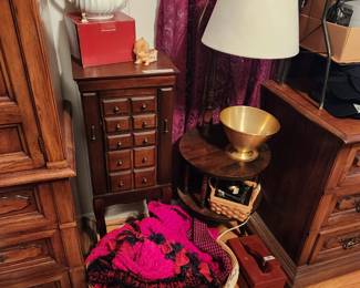 More furniture in bedroom on right - includes jewelry chest, lamp with table and a night stand & chest 