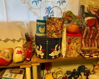 Wooden shoes in various sizes, cans & canisters, miscellaneous 