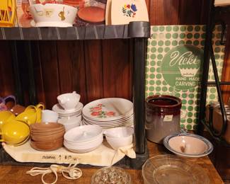 Kitchen - dishes, bowls, lates crock, napkin holder 