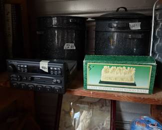 Stock pots (2) with lids, radio, candle, & more in shed
