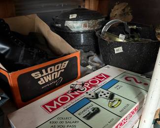 Monopoly game, boots, more in shed