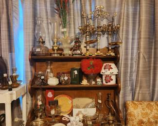 Large open cabinet with candle holders, lamps, decor, scale with matching candles, &  lots more!