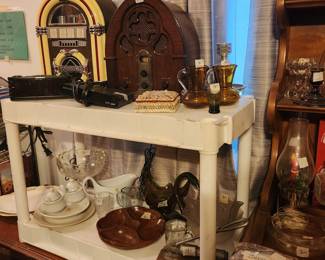 Vintage radios, candle holders,  glass items, dishes and more!