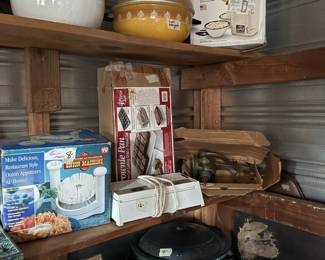 Onion machine, slicer, grinder, brownie pan, Hot air popcorn corn popper, enamel pail in shed