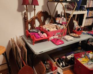 Twin size headboard only, lamps, shoes, vintage cameras, and more books & collectibles! 