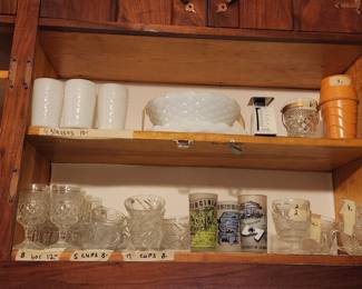 Kitchen cabinets with glasses, cups, milk glass set, milk glass punch bowl set, small scale 