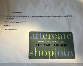 Memorial Art Gallery store credit for $123.38
