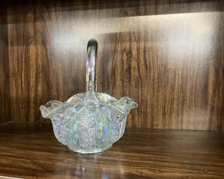 LE Smith Iridescent Clear Carnival Glass Basket with Handle