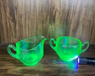 Green Uranium Glass Sugar & Creamer