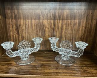 Manganese Clear Glass Fostoria Candle Holders 