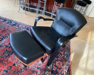PACE COLLECTION- LEATHER AND BURL WOOD CHAIR AND OTTOMAN, EXTREMELY COMFORTABLE READING CHAIR