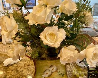 FLORAL ARRANGEMENT IN HAND PAINTED METAL PLANTER