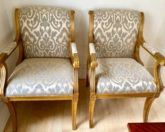 PAIR OF GORGEOUS UPHOLSTERED SIDE CHAIRS WITH ANTIQUE GOLD LEAF WOOD TRIM