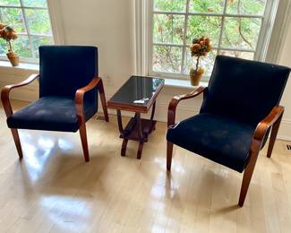 ART DECO MAHOGANY WOOD SIDE CHAIRS AND SIDE TABLE.