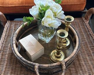 Wicker footrest, baskets, decor, pillows, throws