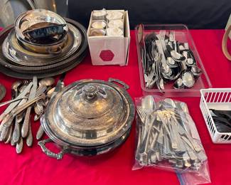 Vintage silver plated serving pieces, steak knives, wine rack, flatware