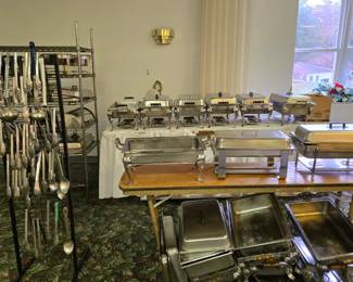 chafing dishes, tongs, serving utensils