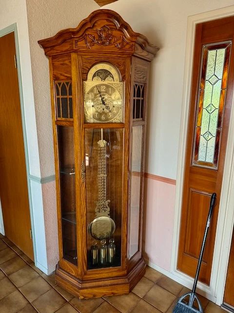 BEAUTIFUL RARE CORNER CORNER CURIO CABINET GRANDFATHER CLOCK. SALE PRICED AY $195