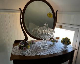 Tilt Mirror Vanity, Crystal Trinket Box and Vintage Ceramic Flower Baskets