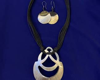 Carved Mother of Pearl pendant, clasp, and earrings