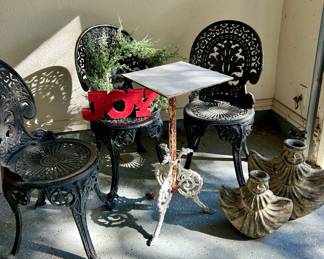 Metal Bistro Chairs and Vintage Cast Iron Table Base